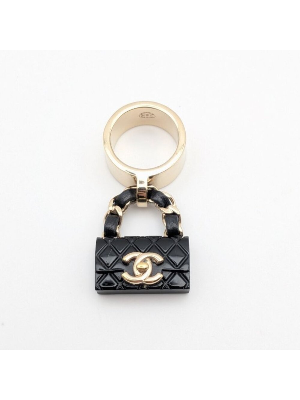 Chanel Ring CC Logo Turnlock Quilted Leather Bag Motif Black Gold 23c
